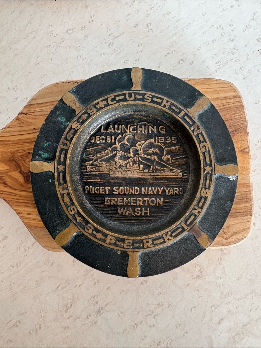 vintage commemorative metal ashtray from the Puget Sound Navy Yard in Bremerton